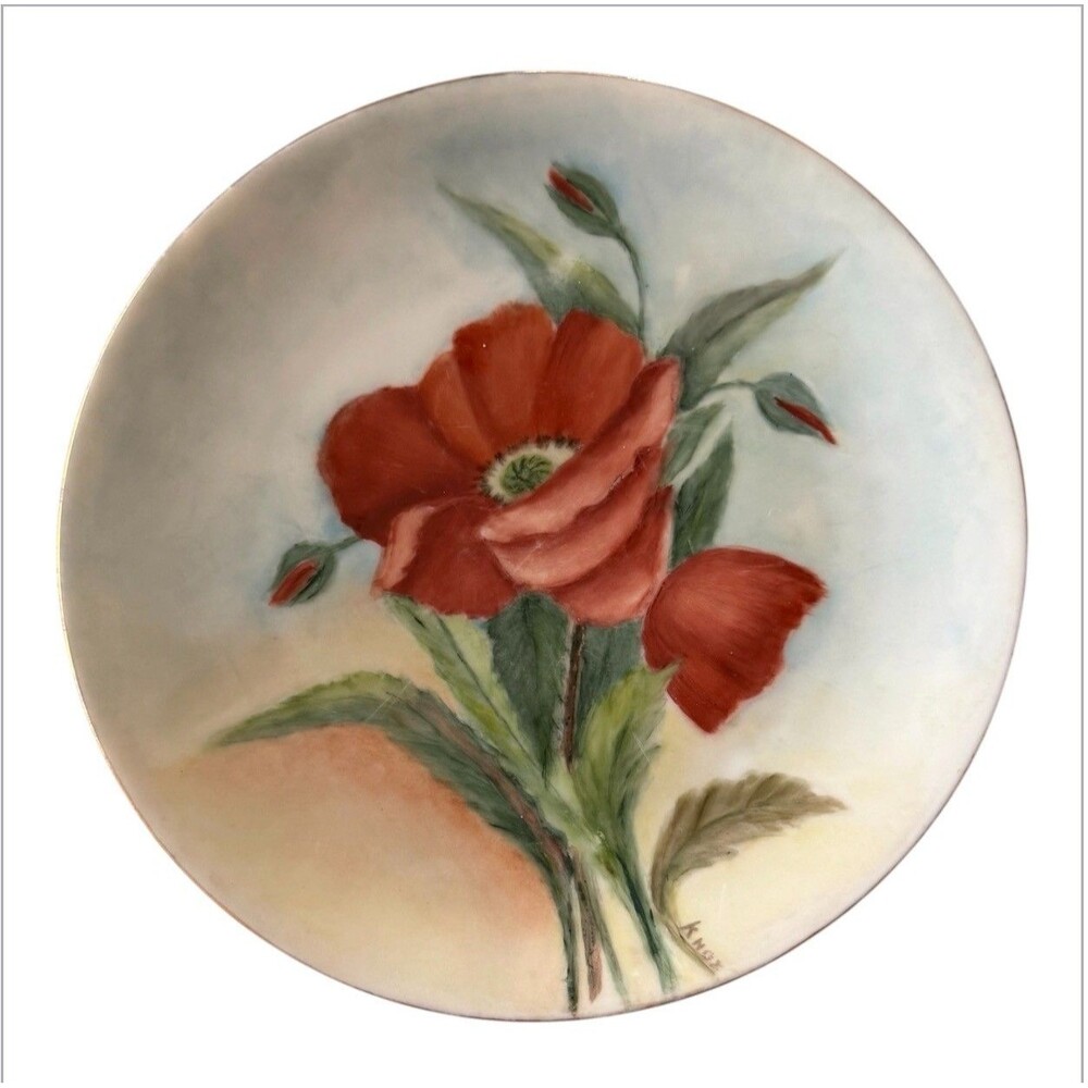 Vintage Arzberg‎ Bavaria Hand Painted Poppy Porcelain Cabinet Plate Signed 1930s